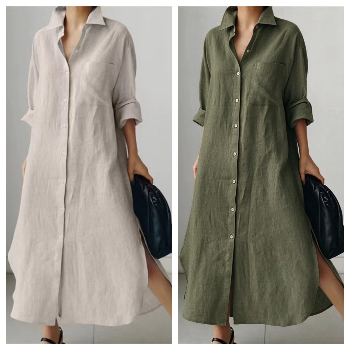Women Elegant Turn-down Collar - Casual Loose Linen Shirt Dress recension och pris