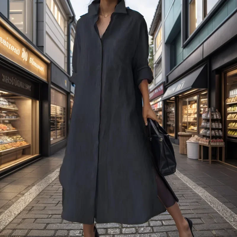 Women Elegant Turn-down Collar - Casual Loose Linen Shirt Dress recension och pris