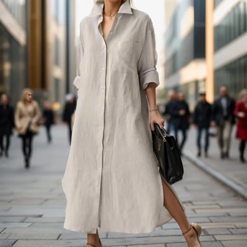 Women Elegant Turn-down Collar - Casual Loose Linen Shirt Dress recension och pris