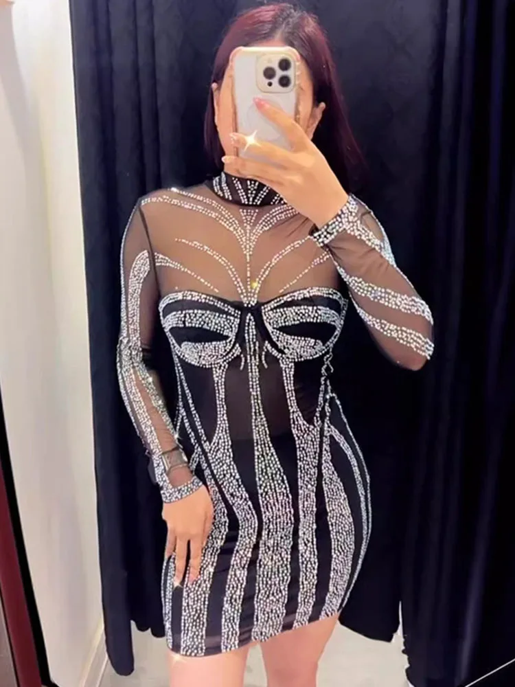 Sparkly Diamonds Rhinestone Bi - Sexy Mesh Sheer Bodycon Dress recension och pris