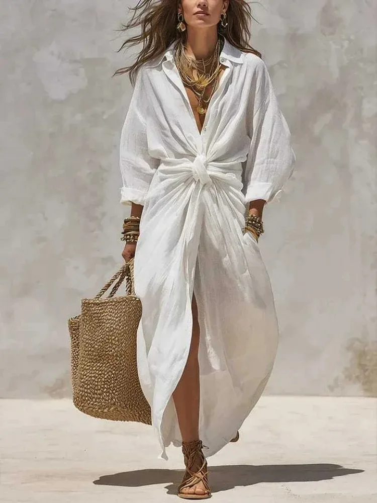 Women Boho White Linen‑Cotton  - Casual Loose Linen Shirt Dress recension och pris